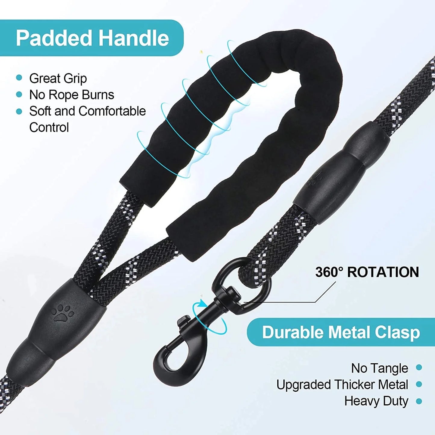 5Ft Nylon Rope Dog Leash for Large & Medium Dogs 18-120 Lbs, Highly Reflective,Anti-Slip Grip, Black