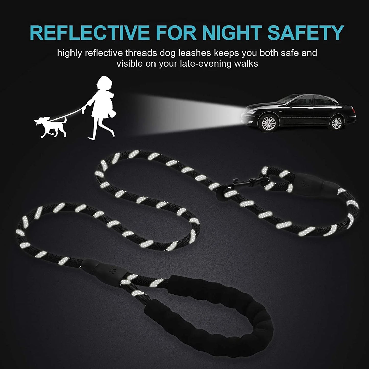5Ft Nylon Rope Dog Leash for Large & Medium Dogs 18-120 Lbs, Highly Reflective,Anti-Slip Grip, Black