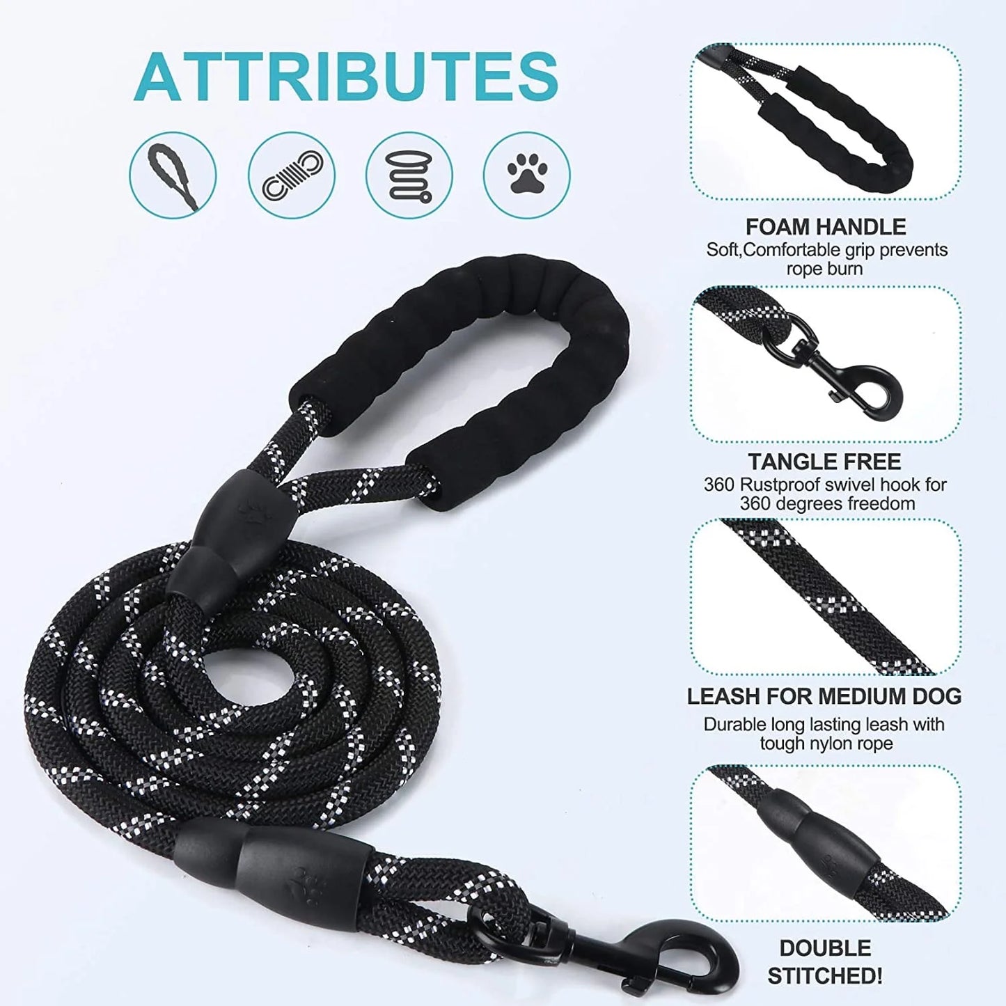 5Ft Nylon Rope Dog Leash for Large & Medium Dogs 18-120 Lbs, Highly Reflective,Anti-Slip Grip, Black