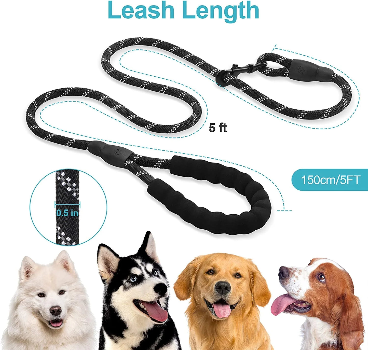 5Ft Nylon Rope Dog Leash for Large & Medium Dogs 18-120 Lbs, Highly Reflective,Anti-Slip Grip, Black