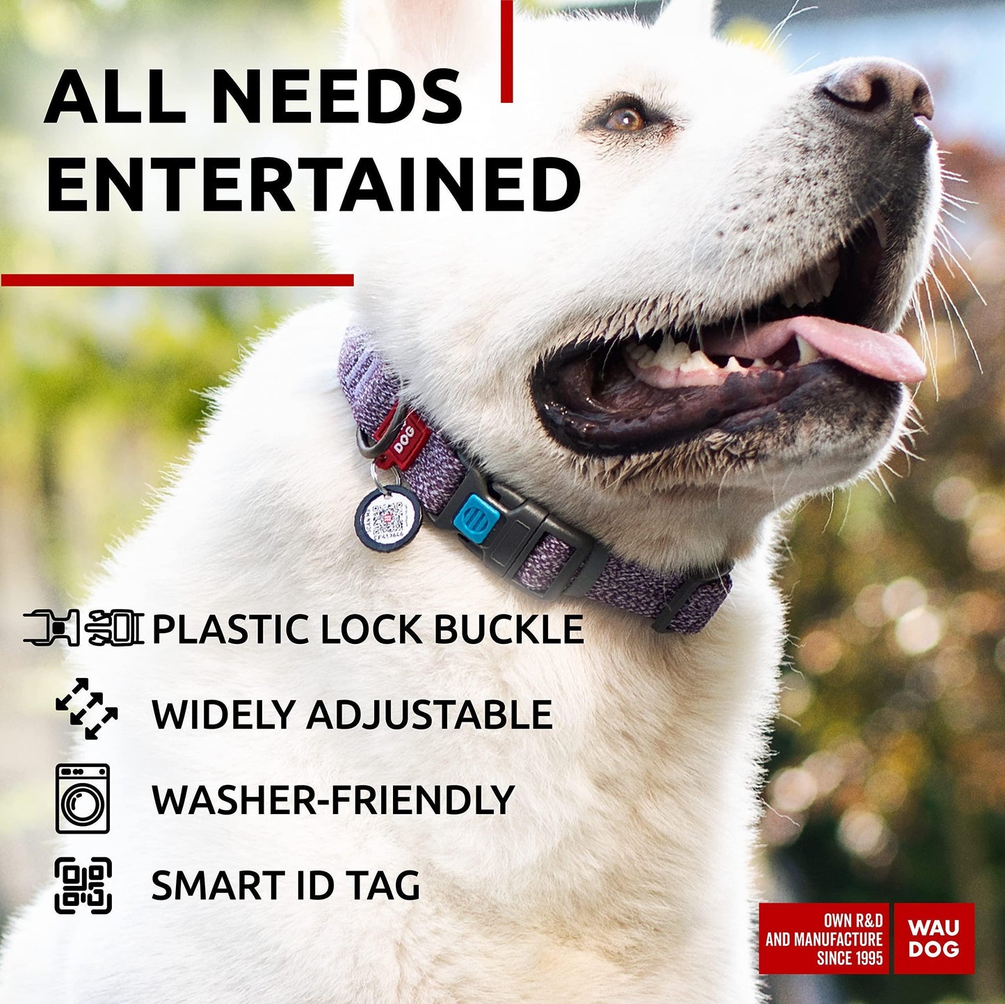 WAUDOG Reflective Cotton Dog Collar Eco Friendly Alt to Nylon Collar for Small Medium and Large Dogs Pet Collar with QR ID Tag Puppy Collar for Large Breed Dogs Adjustable Male Female Dog Collar